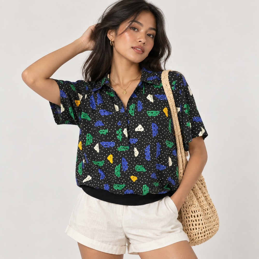 Alfred Dunner Vintage Abstract Polka Dot Blouse Black Shortsleeve Summer Size 18